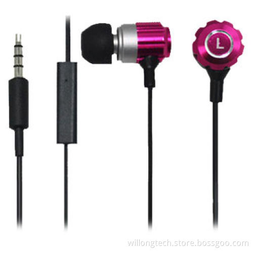 Colorful metallic in-ear ear-buds with volume control for mobile phone